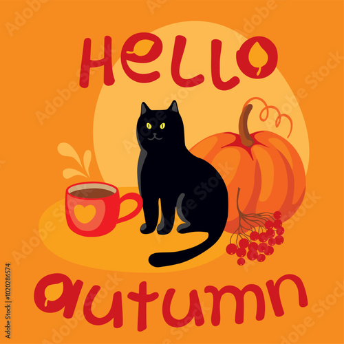 Hello autumn card with cat and pumpkin