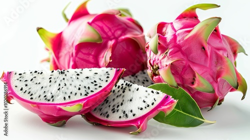 Dragon Fruit Slices and Whole Fruit with Green Leaves photo
