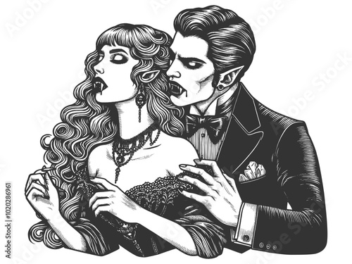 vampire couple in gothic embrace, detailed vintage-style vampire attire and fangs sketch engraving generative ai fictional character vector illustration. Scratch board imitation. Black and white image