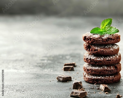 Wallpaper Mural Stack of chocolate cookies with mint leaves on a textured background. Torontodigital.ca