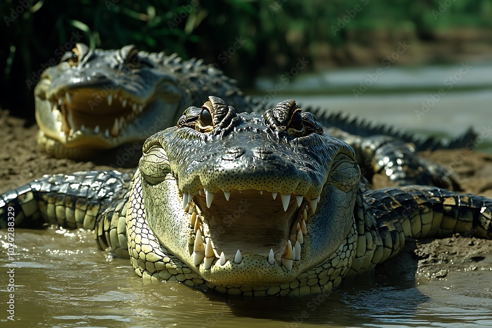 Obraz premium Two crocodiles basking near the water, showcasing their sharp teeth and rugged texture.