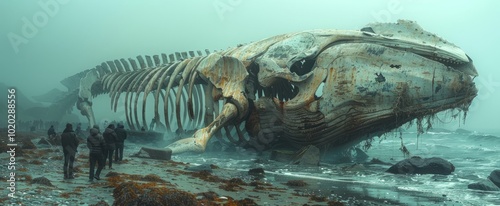 A group of adventurers strolls along a foggy beach, marveling at a giant whale's skeleton, remnants of nature's grandeur and mystery photo