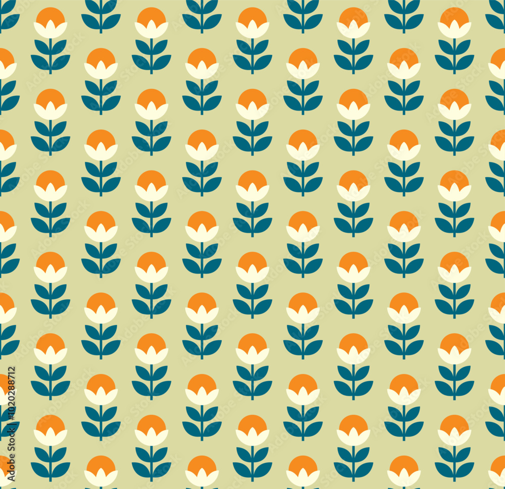 Geometric flowers in four colors seamless pattern. Retro style, geometric vintage background. Hand-Drawn vector illustration. Geometric flowers in four colors seamless pattern. Retro style, geometric vintage background. Hand-Drawn vector illustration.