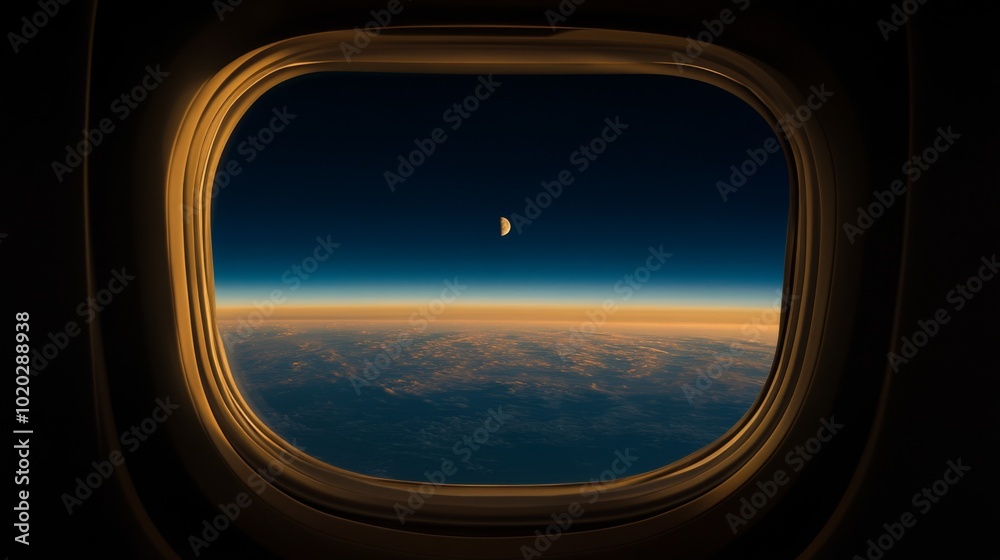 Airplane Window View of Earth and Moon During Sunset Airplane Window View of Earth and Moon During Sunset