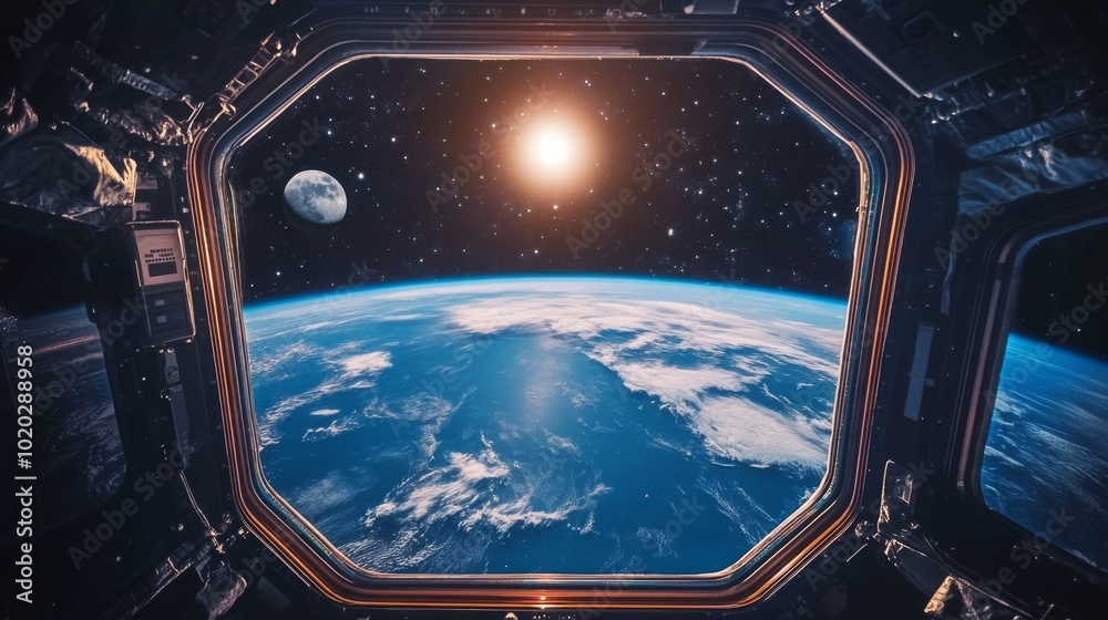 Earth and Moon Seen from a Spaceship Window