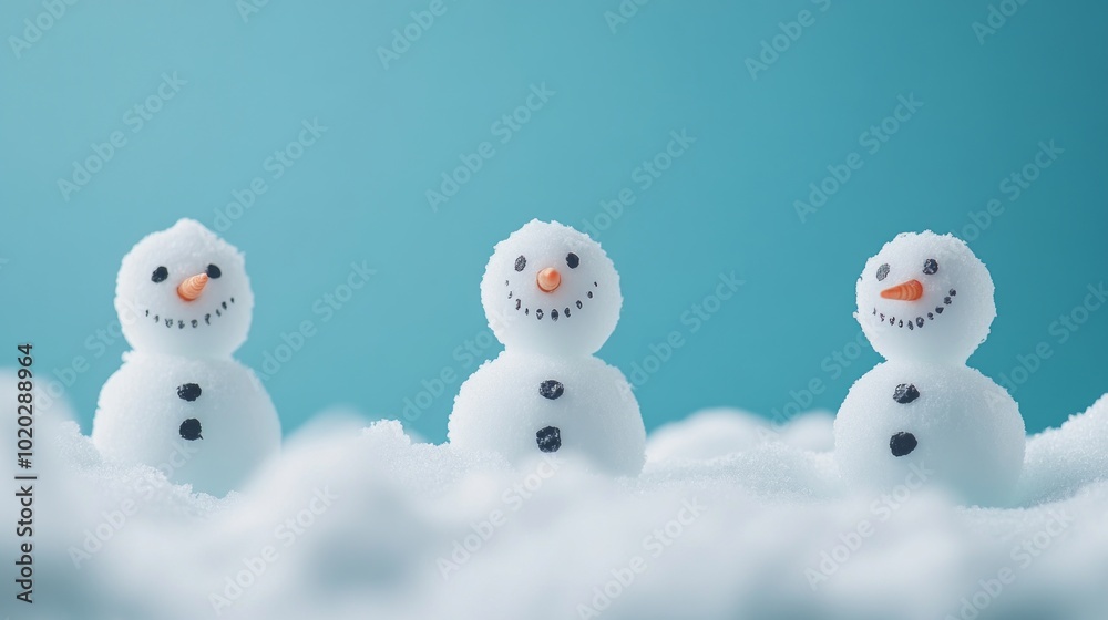 Charming handmade snowman on a blanket of white snow against a soft blue background, perfect for holiday greetings, christmas decor, and winter-themed designs, evoking a whimsical and cozy atmosphere