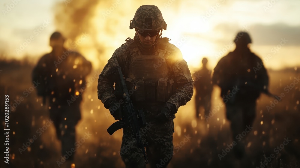 A group of soldiers in combat gear moves through a battlefield with the sun setting in the background, casting dramatic shadows and light effects. A group of soldiers in combat gear moves through a battlefield with the sun setting in the background, casting dramatic shadows and light effects.