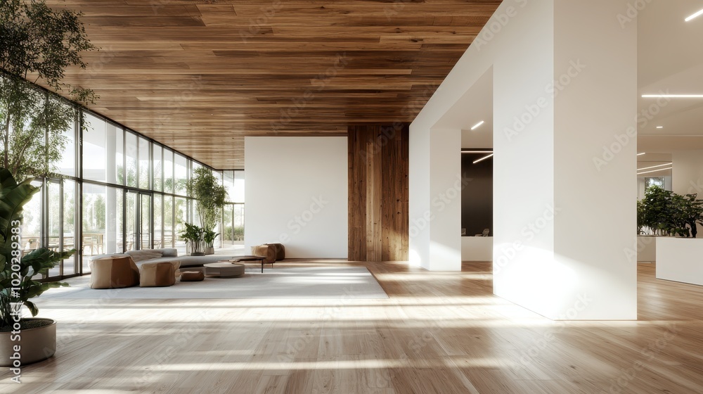 Fototapeta premium A vast and brightly lit lobby area showcases wooden accents, large windows, and minimalist furniture, embodying modernity and inviting natural elements into the design.