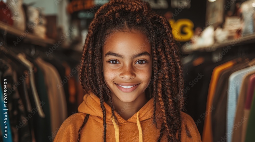 A young girl with braided hair smiles brightly in a warm orange hoodie while standing in a vibrant clothing store, exuding joy and warmth in a charming moment.