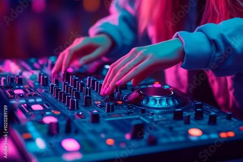 A DJ mixing tracks with skillful hands under vibrant lights during an energetic nightlife event copy space for text, dj banner advertising, electronic music festival advertisement