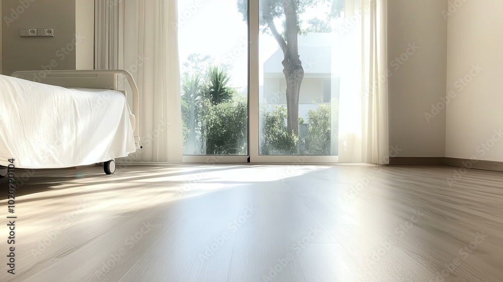 Fototapeta premium A minimalist hospital room is beautifully lit by natural sunlight streaming through a large window, offering a calming view of trees and greenery outside.