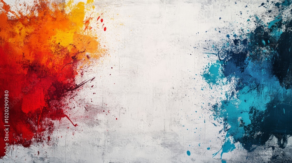 Fototapeta premium Abstract Art with Red, Orange, and Blue Paint Splatter on a White Canvas