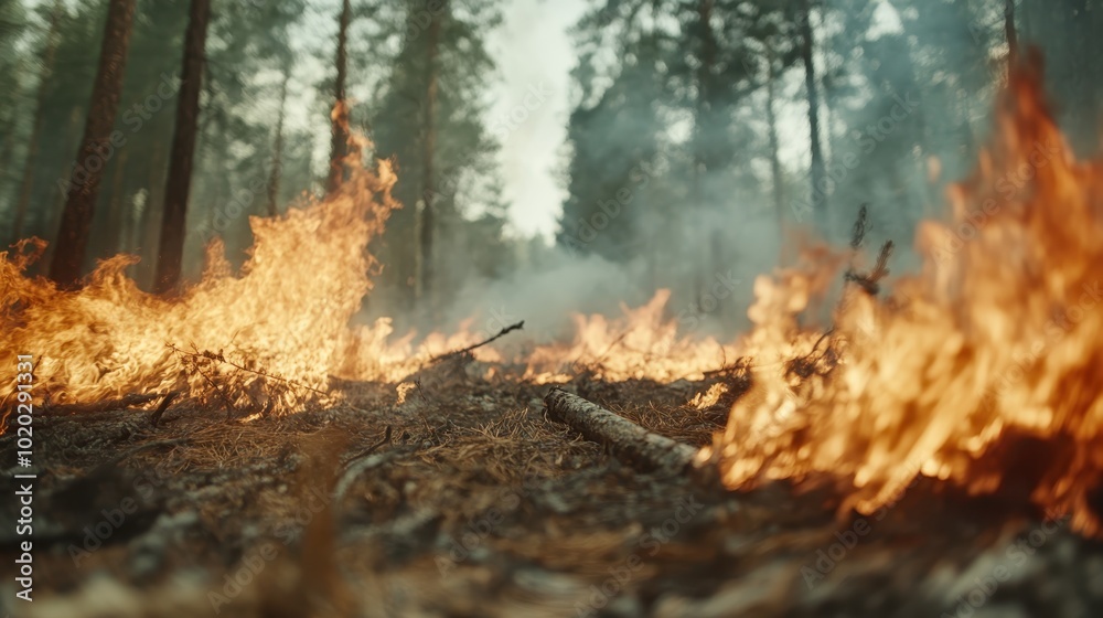 A dramatic scene depicting a raging wildfire consuming the forest floor, showcasing the raw, unstoppable power of nature and its environmental impacts. A dramatic scene depicting a raging wildfire consuming the forest floor, showcasing the raw, unstoppable power of nature and its environmental impacts.