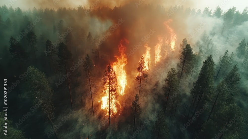 Obraz premium An intense wildfire scene showing towering flames consuming dense forest trees, with thick smoke engulfing the atmosphere, representing environmental threats.
