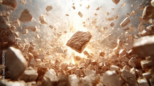 A powerful explosion captures the moment rocks are shattered and debris flies through the air, symbolizing chaos and kinetic energy, set in a dynamic scene. photo