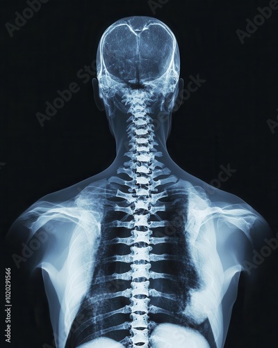 High-res trauma X-ray, tilted perspective, highlighting spinal injury, hyper-detailed grayscale, digital photorealism, medical diagnostic quality, precise bone structure visibility