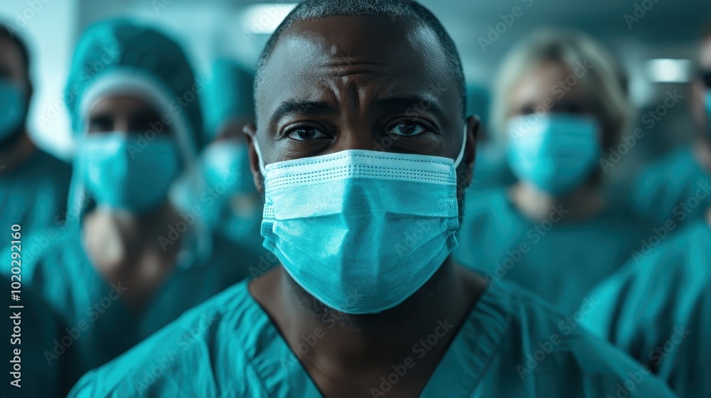 A team of medical professionals is dressed in surgical attire and protective masks, embodying their dedication, unity, and commitment to healthcare and patient safety. A team of medical professionals is dressed in surgical attire and protective masks, embodying their dedication, unity, and commitment to healthcare and patient safety.