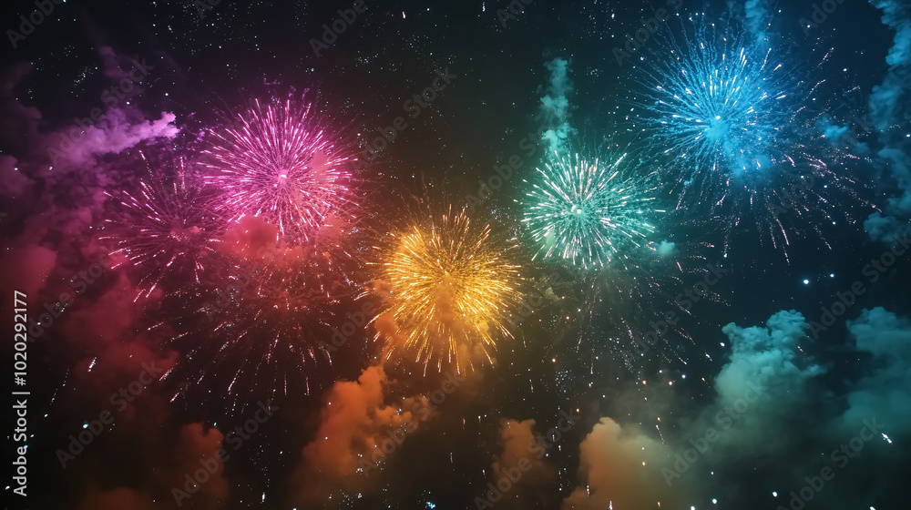 Fototapeta premium A dazzling display of colorful fireworks bursts across the night sky, celebrating the New Year.