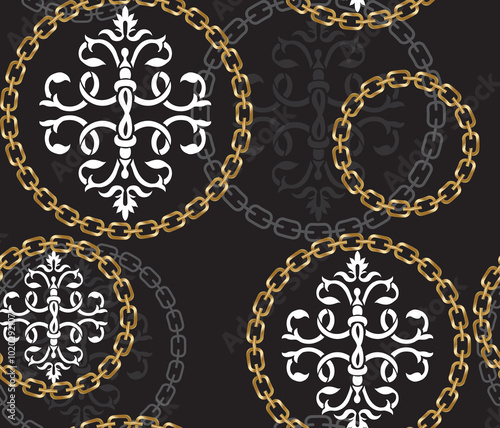Seamless pattern of damask ornate swirl design in the middle, gold chains in circle shape.
