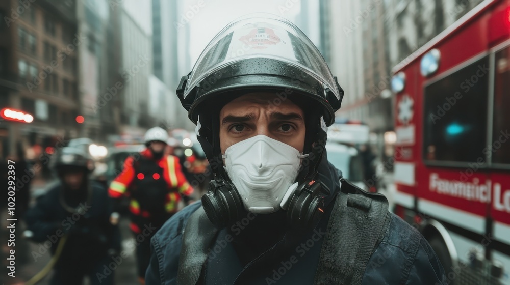 A firefighter in a protective mask confronts an urban crisis scene, showcasing determination, protection, and the critical role of responders in perilous situations. A firefighter in a protective mask confronts an urban crisis scene, showcasing determination, protection, and the critical role of responders in perilous situations.