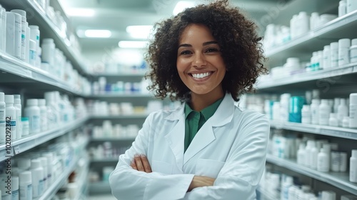 A cheerful female pharmacist stands confidently with crossed arms amidst pharmacy shelves, showcasing friendly and approachable healthcare service.