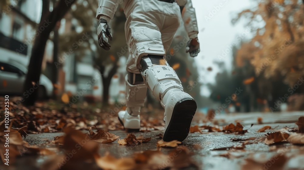 A solitary robot treads along a leaf-strewn path in autumn, its high-tech form contrasting the natural fall surroundings, symbolizing solitude and contemplation. A solitary robot treads along a leaf-strewn path in autumn, its high-tech form contrasting the natural fall surroundings, symbolizing solitude and contemplation.