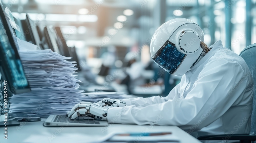 A humanoid robot equipped with high-tech features types away on a laptop at an office desk filled with paper stacks, symbolizing the blend of manpower and machine. A humanoid robot equipped with high-tech features types away on a laptop at an office desk filled with paper stacks, symbolizing the blend of manpower and machine.