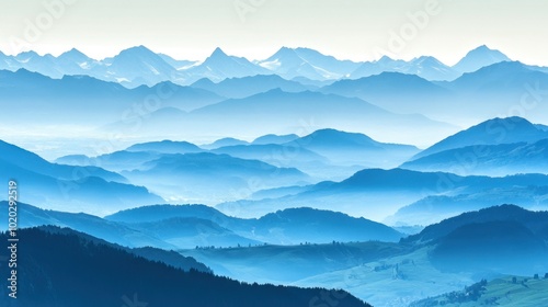 Serene Blue Mountain Landscape with Foggy Horizon