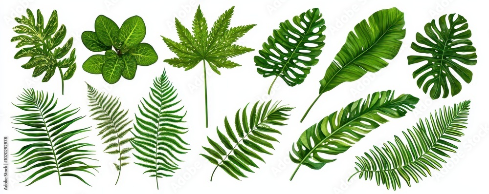 A vibrant set of fern and monstera leaves is isolated against a clean white background A vibrant set of fern and monstera leaves is isolated against a clean white background