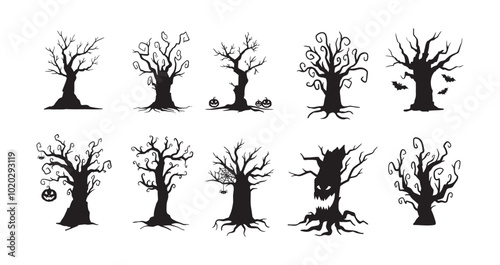 Halloween hand drawn spooky tree doodle silhouette set. Creepy trees 
