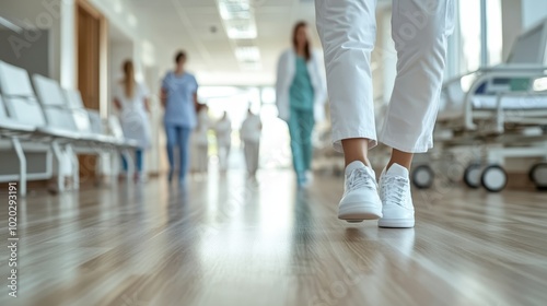 Healthcare workers in uniform walk briskly down a clean, modern hospital corridor, encapsulating the dynamic and dedicated nature of medical professionals at work.