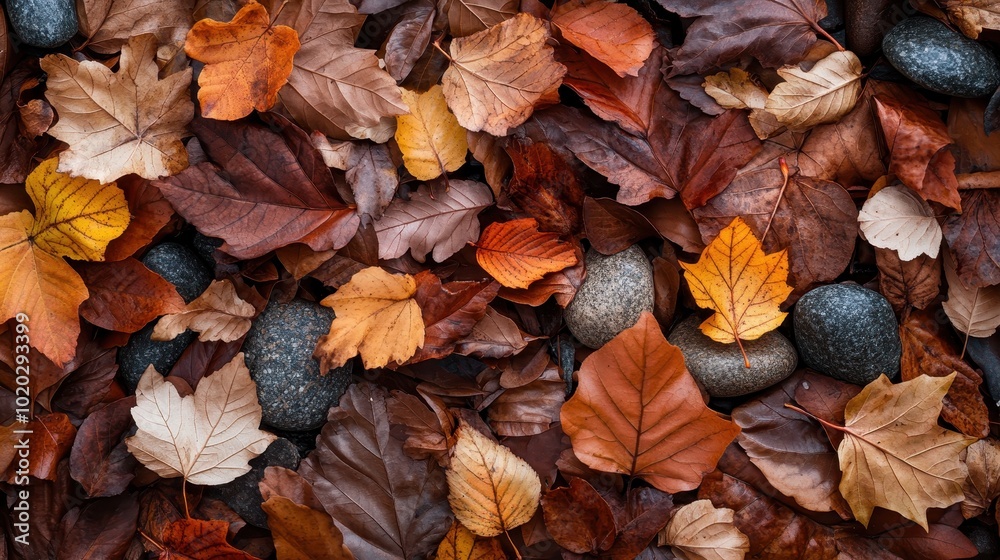 A dense layering of various textured stones and colorful autumn leaves, creating a strikingly rich composition that emphasizes the beauty of nature's diversity. A dense layering of various textured stones and colorful autumn leaves, creating a strikingly rich composition that emphasizes the beauty of nature's diversity.