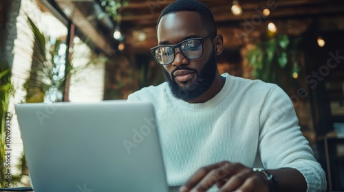 A man in a white sweater, wearing glasses, is working on a laptop in a warm, cozy, and inviting indoor space, surrounded by plants and soft lighting. photo