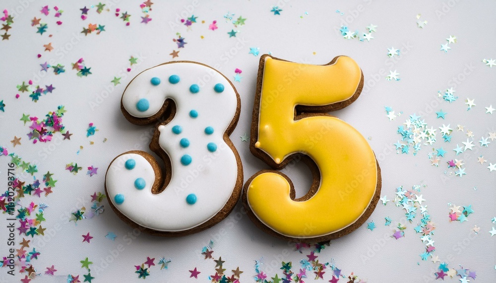 Decorated cookie, number 35, image for birthday or anniversary celebration Decorated cookie, number 35, image for birthday or anniversary celebration