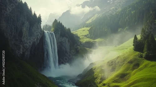 Majestic Waterfall in Lush Mountain Landscape