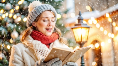 Cheerful woman singing Christmas carols while reading a songbook in a snowy festive setting photo