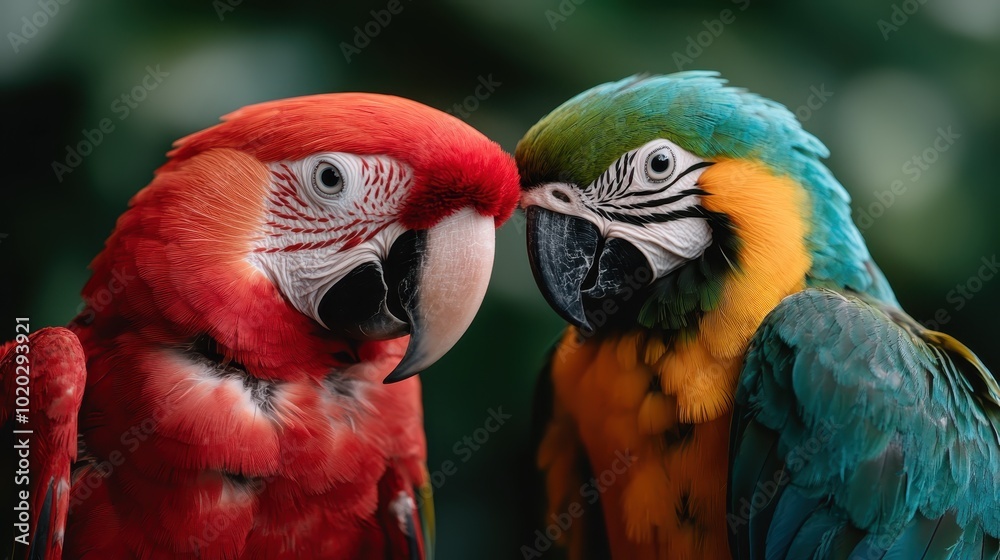 Two parrots are seen close together, displaying their brilliant red, blue, and yellow feathers. Their curious glace captivates the lush, verdant jungle environment. Two parrots are seen close together, displaying their brilliant red, blue, and yellow feathers. Their curious glace captivates the lush, verdant jungle environment.