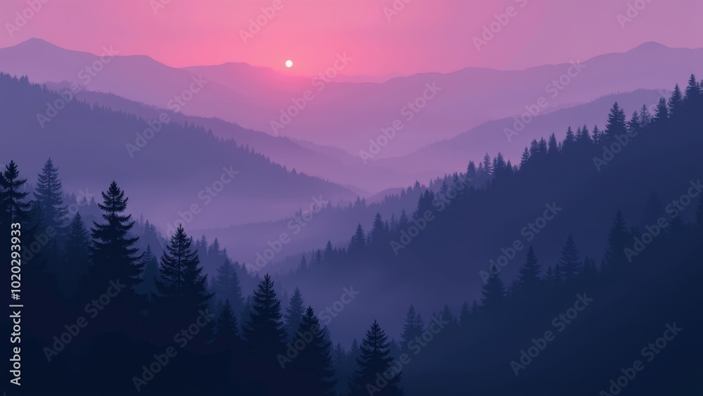Generative, AI, a serene sunset over misty mountains with layers of pine trees and a pink sky Generative, AI, a serene sunset over misty mountains with layers of pine trees and a pink sky