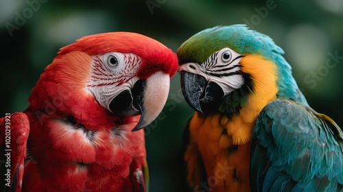 Two parrots are seen close together, displaying their brilliant red, blue, and yellow feathers. Their curious glace captivates the lush, verdant jungle environment.