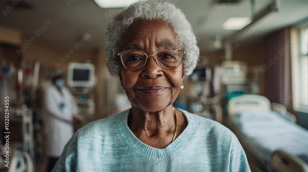 An elderly woman with glasses smiles warmly in a hospital room, representing resilience, wisdom, and strength within a healthcare environment. An elderly woman with glasses smiles warmly in a hospital room, representing resilience, wisdom, and strength within a healthcare environment.