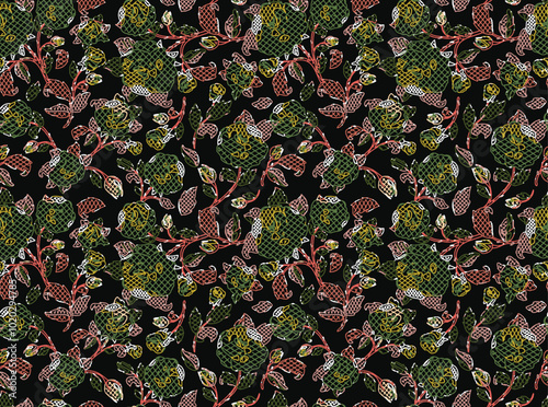 Contoured fabric pattern with a bunch of roses, hand drawn lines.