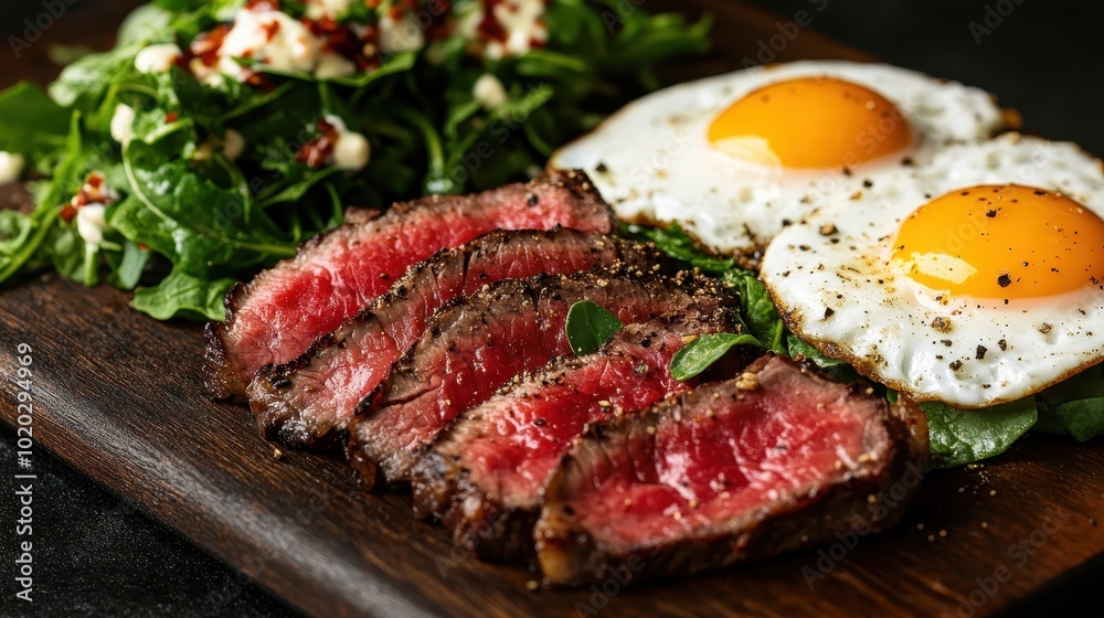 A meticulously arranged meal showcasing sliced medium-rare steak topped with fried eggs, complimented by fresh greens, styled on a rustic board. A meticulously arranged meal showcasing sliced medium-rare steak topped with fried eggs, complimented by fresh greens, styled on a rustic board.