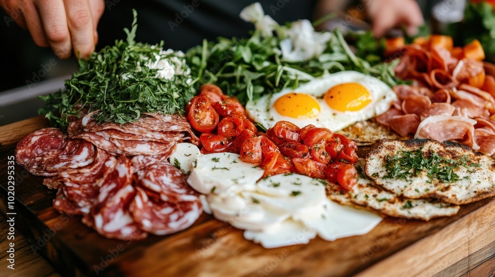This charcuterie board displays an assortment of cured meats, cheeses, fresh greens, and soft-boiled eggs, creating a flavorful and visually stunning presentation.