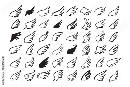 Doodle outline sketch angel wings. Angel feather wing, silhouette. Linear fly winged angels, flying heaven hand drawn doodle vector icons