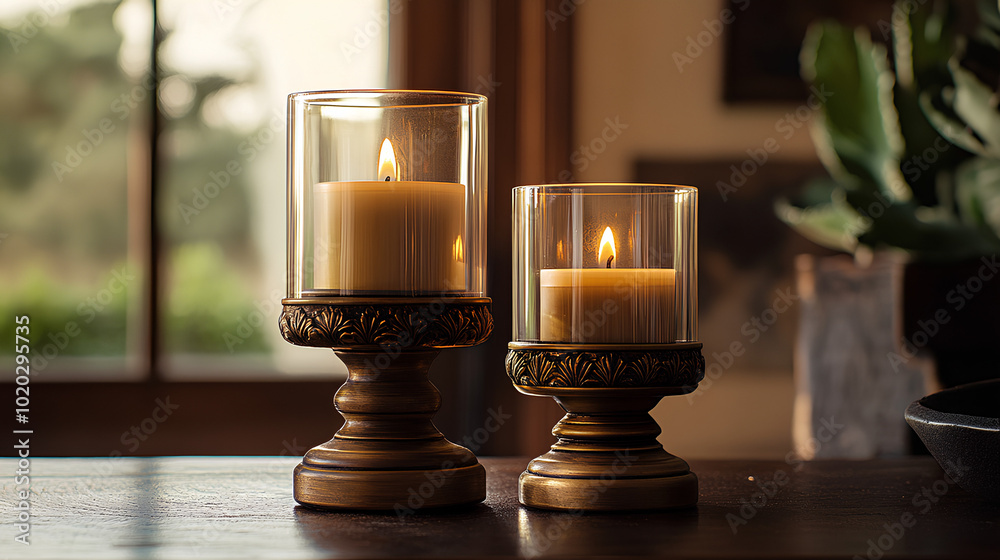 A close-up of two burning candles in ornate glass holders on a wooden table. A close-up of two burning candles in ornate glass holders on a wooden table.