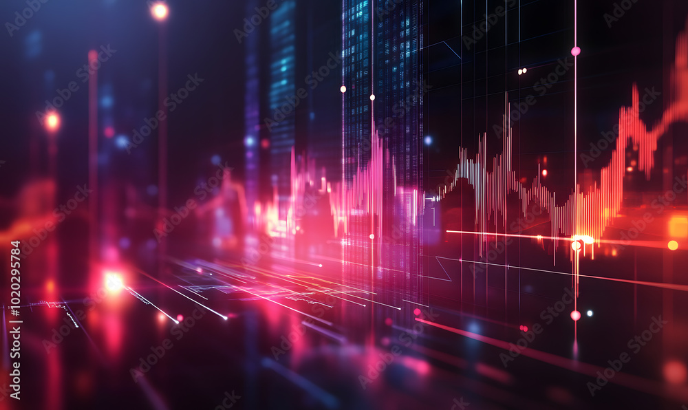Futuristic financial dashboards and luxury business charts with glowing neon lines, gold accents, and connected nodes for corporate branding.