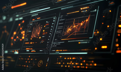 Futuristic financial dashboards and luxury business charts with glowing neon lines, gold accents, and connected nodes for corporate branding.