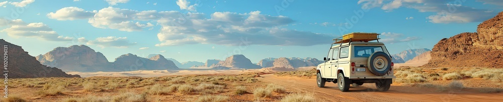 4x4 vehicle traveling through a desert with red rock formations 4x4 vehicle traveling through a desert with red rock formations