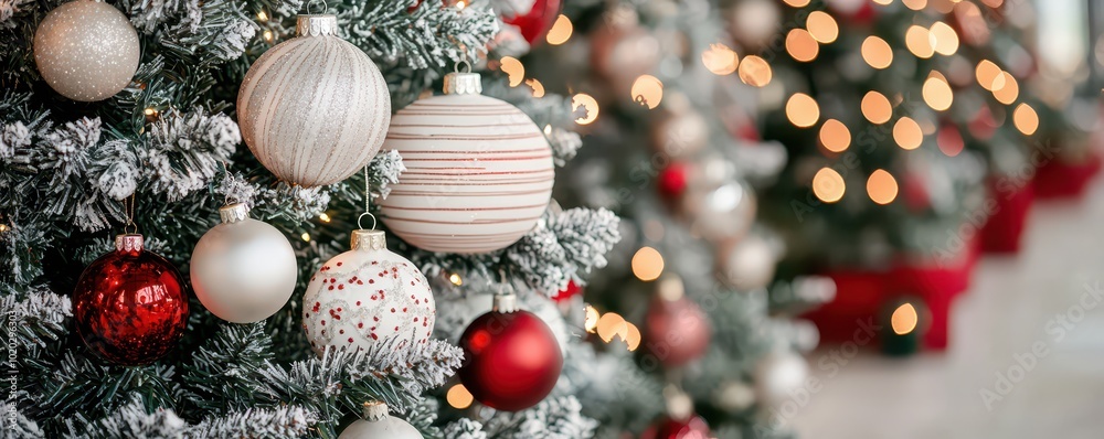 A beautifully decorated Christmas tree, adorned with glowing lights and handmade ornaments, stands proudly at a festive winter market. A beautifully decorated Christmas tree, adorned with glowing lights and handmade ornaments, stands proudly at a festive winter market.