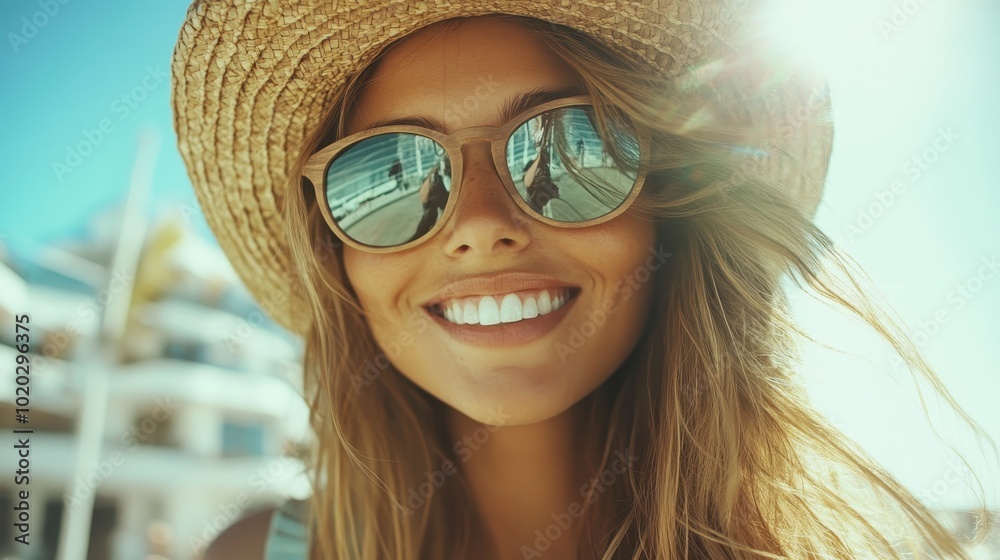 The woman beams with a friendly smile, wearing a straw hat and reflective sunglasses, revealing blue skies and a sunny day, embodying a cheerful, relaxed vibe. The woman beams with a friendly smile, wearing a straw hat and reflective sunglasses, revealing blue skies and a sunny day, embodying a cheerful, relaxed vibe.